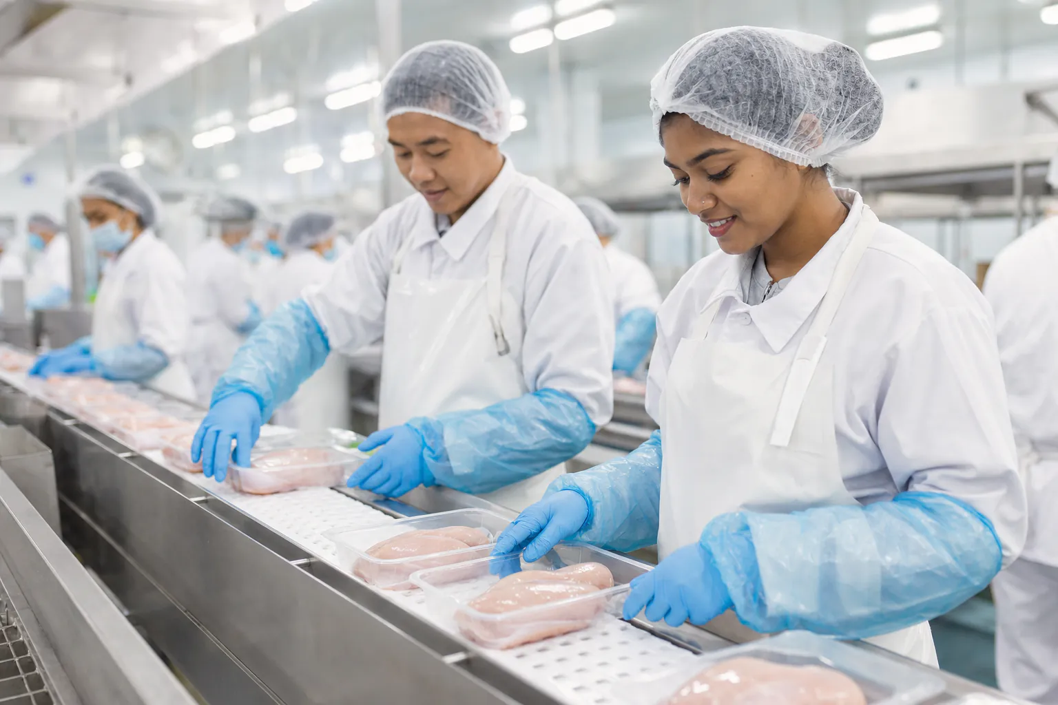 Workers packing chicken fillet trays on a poultry processing line (AI-generated illustration)