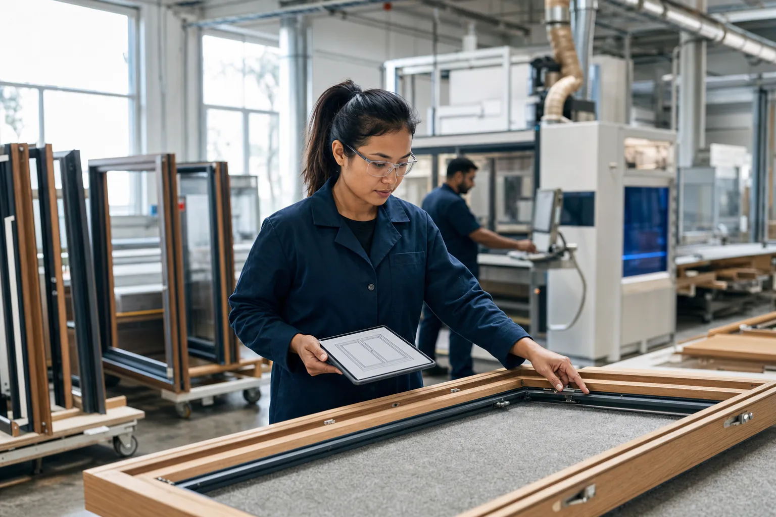 Production operator checking a wooden window frame against a technical drawing (AI-generated illustration)