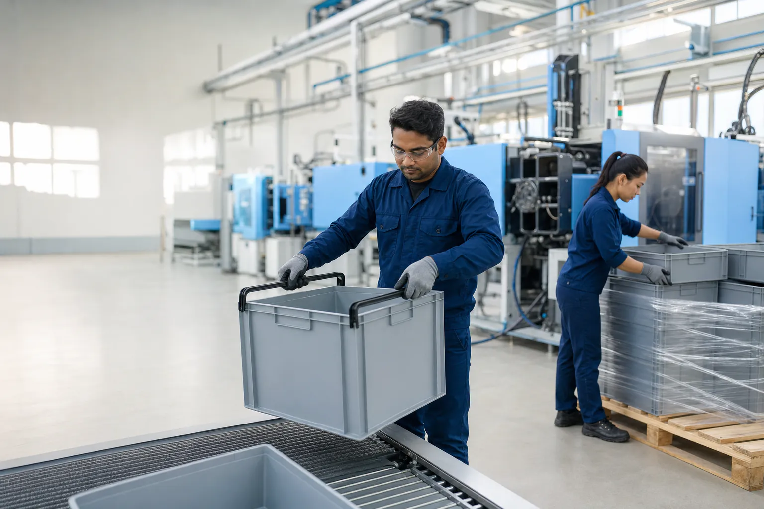 Production worker lifting a plastic storage container from a conveyor line (AI-generated illustration)