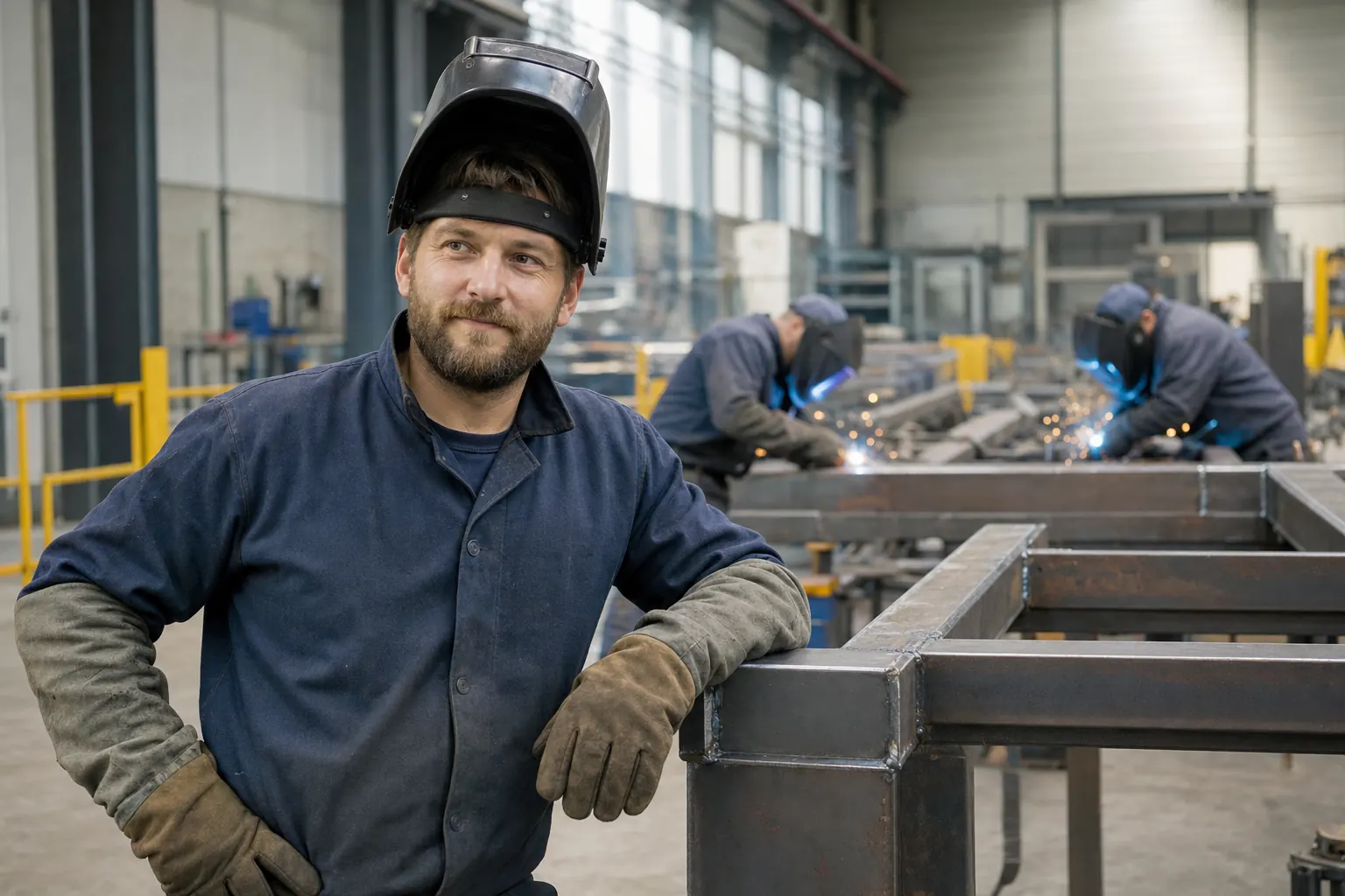 Welder with a raised helmet in a steel fabrication hall in Poland