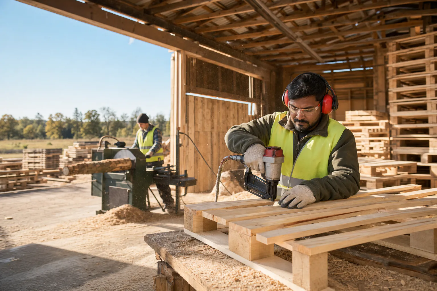 Worker with ear defenders assembling a wooden pallet with a nail gun (AI-generated illustration)